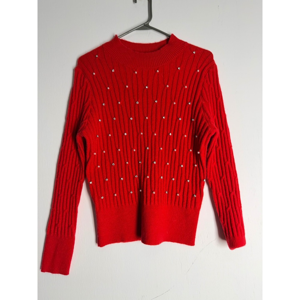 Nanette Lepore Red Cable Knit Pearl Rhinestone Embellished Sweater Mock Neck M